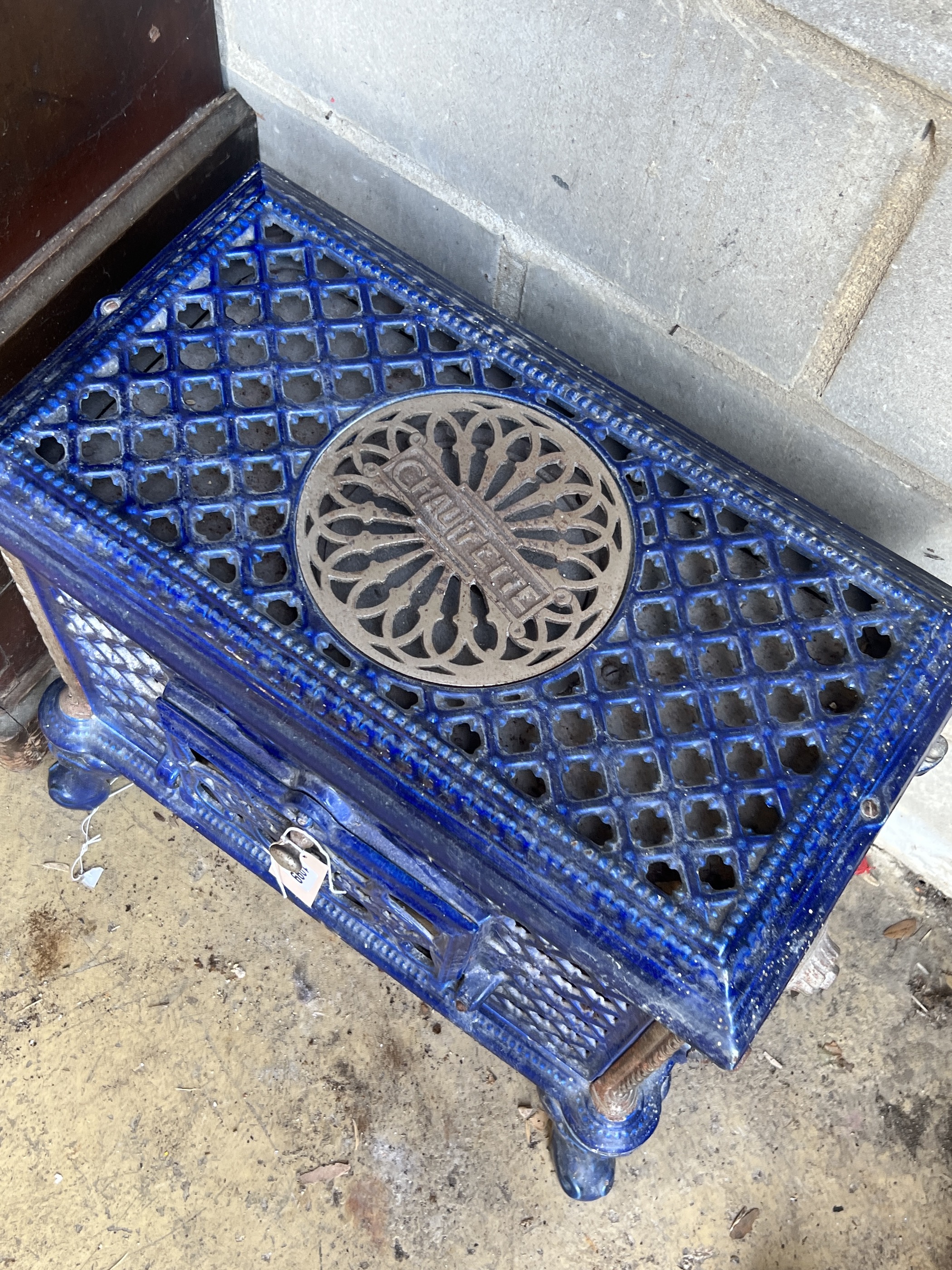 An early 20th century French Chauffette blue enamelled conservatory heater, width 54cm, depth 33cm, height 51cm